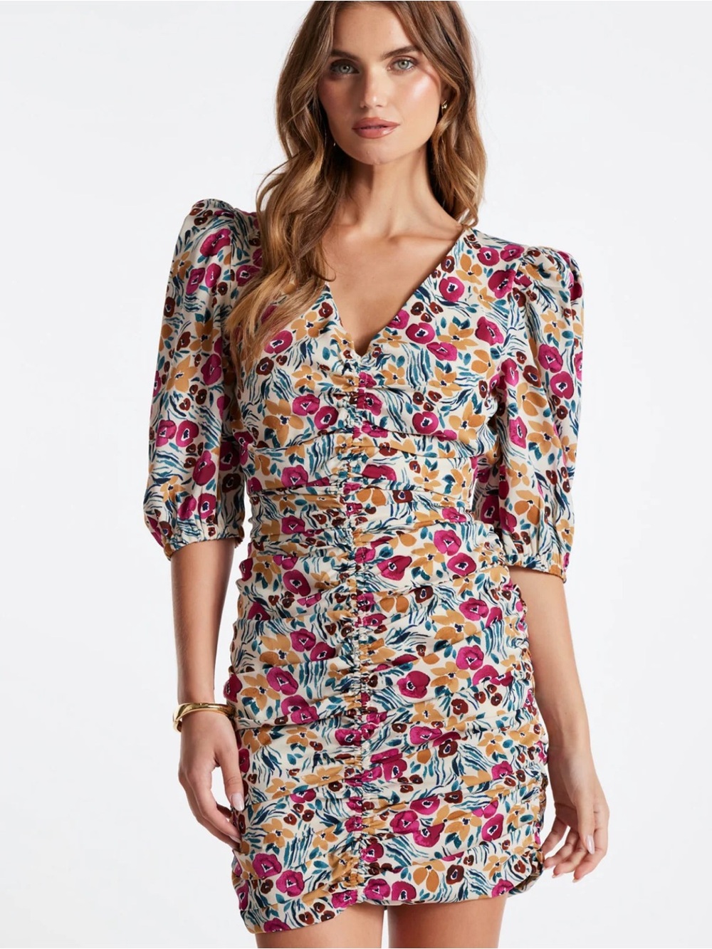 Bishop + Young Carly Floral Puff Sleeve Ruched V-Neck Mini Dress XS NEW